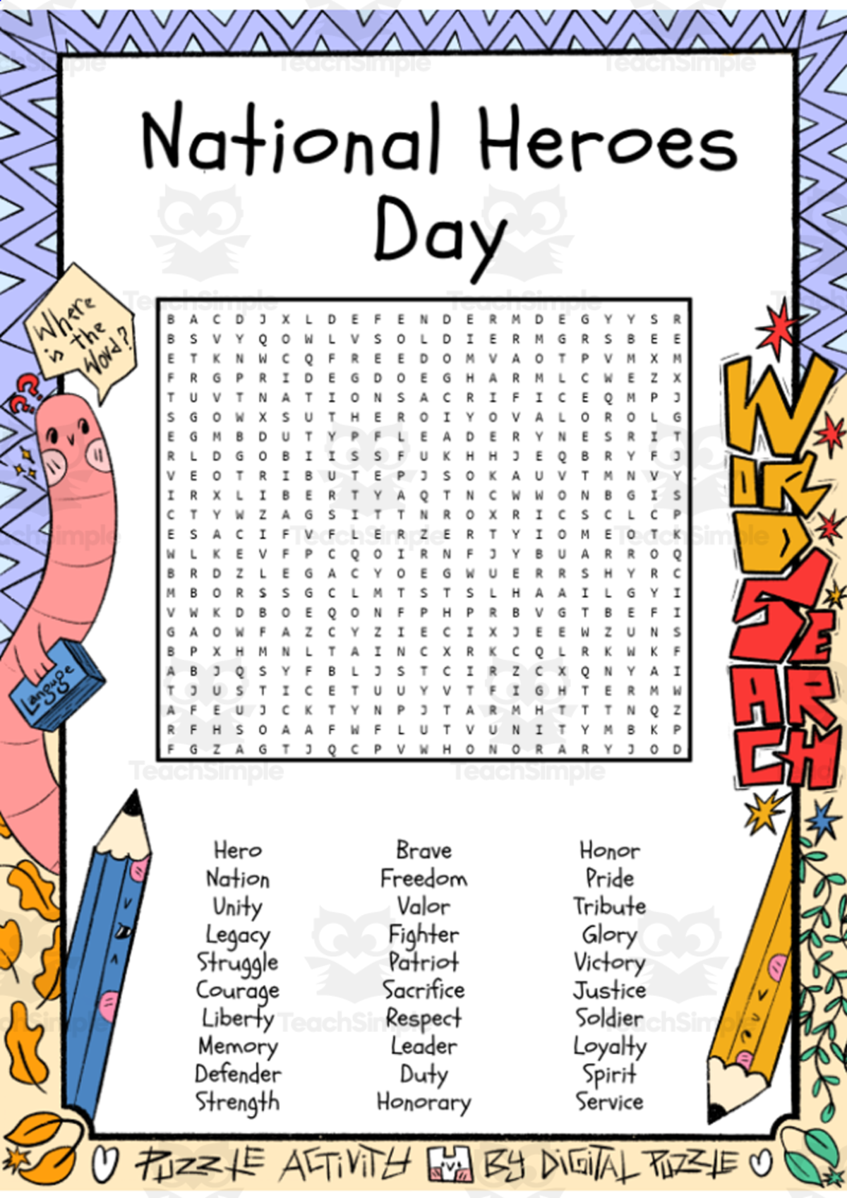 An educational teaching resource from Lapiiin Art Activities entitled National Heroes Day word search puzzle worksheet activity downloadable at Teach Simple.