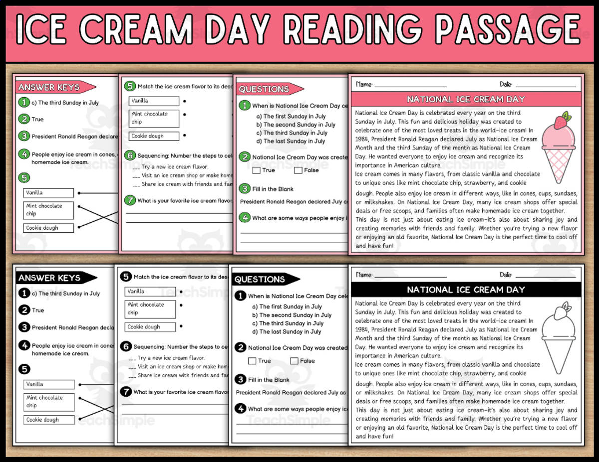 An educational teaching resource from Wonderland School entitled National Ice Cream Day Reading Comprehension Passage and Questions downloadable at Teach Simple.