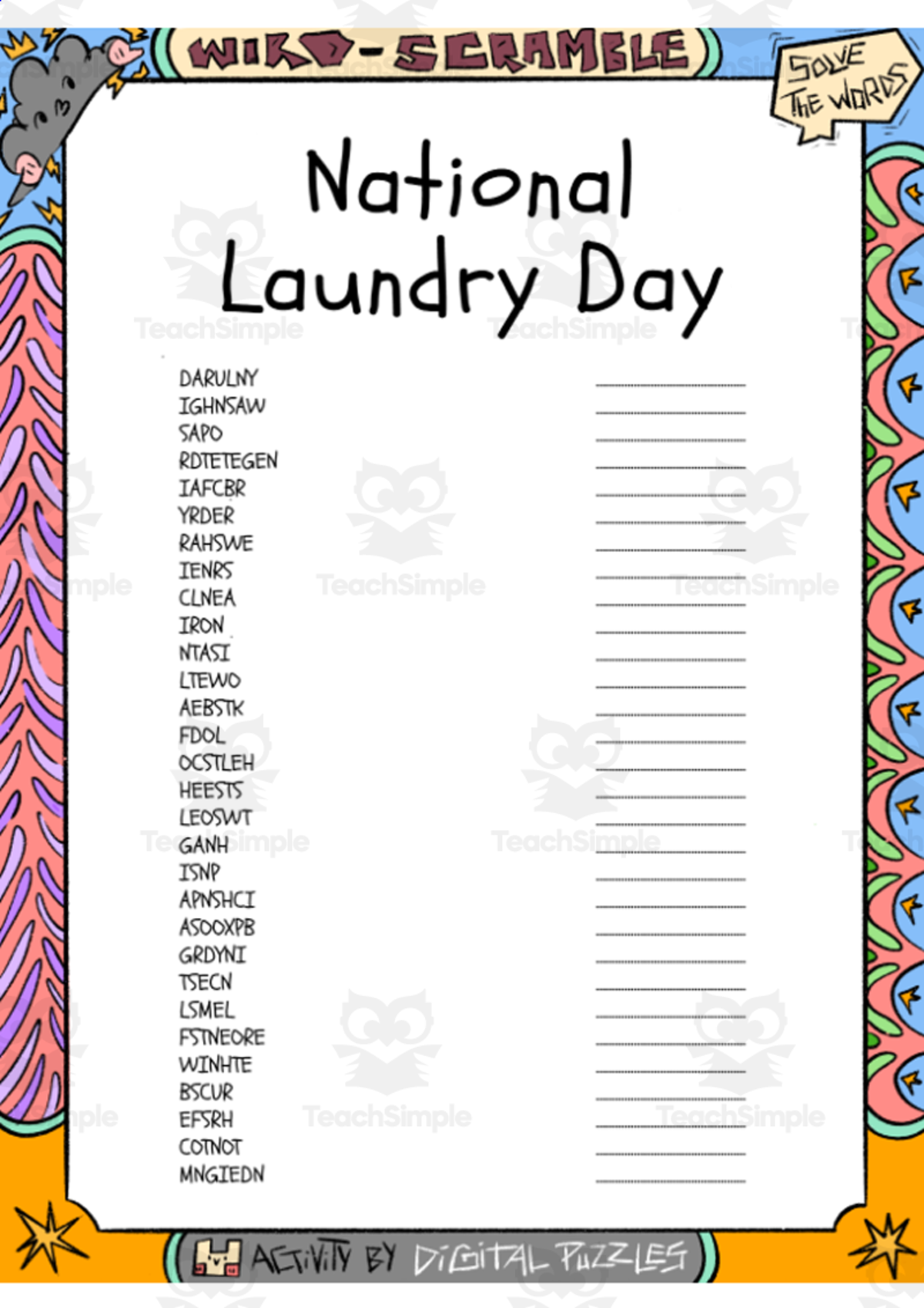 An educational teaching resource from Lapiiin Art Activities entitled National Laundry Day word Scramble puzzle worksheet downloadable at Teach Simple.