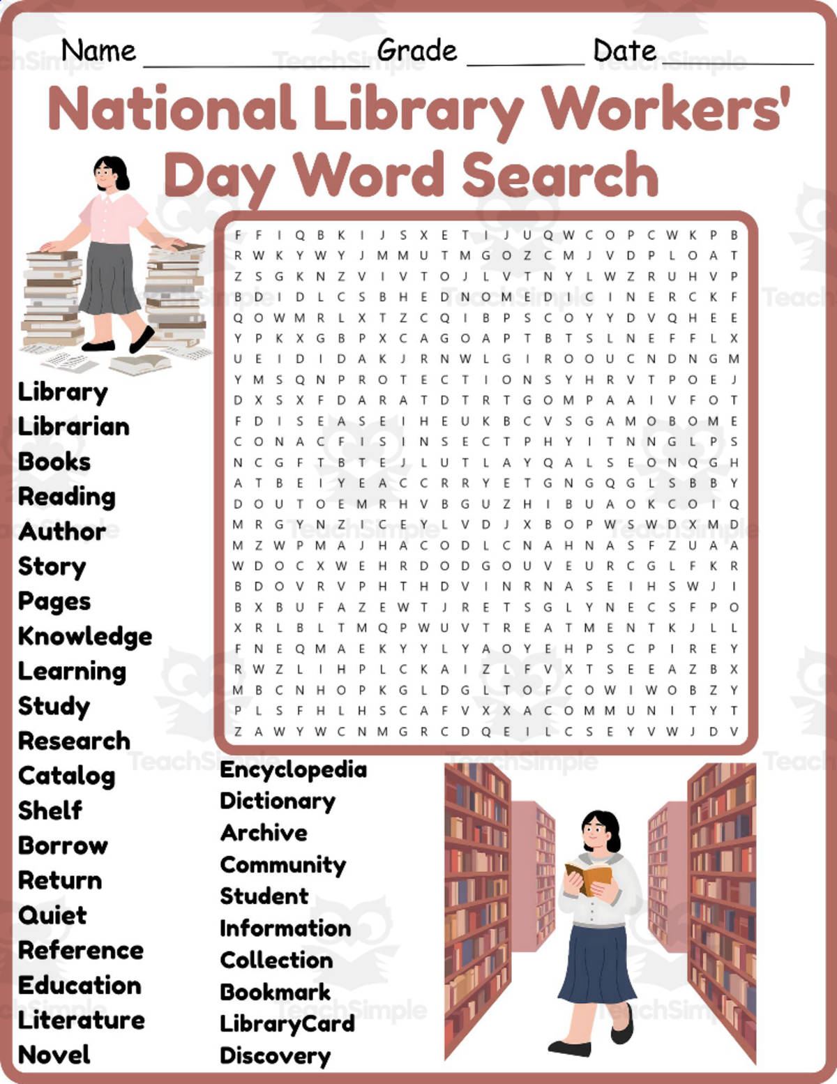 An educational teaching resource from Classsimple entitled National Library Workers' Day Word Search 2nd 3rd 4th 5th Grade downloadable at Teach Simple.