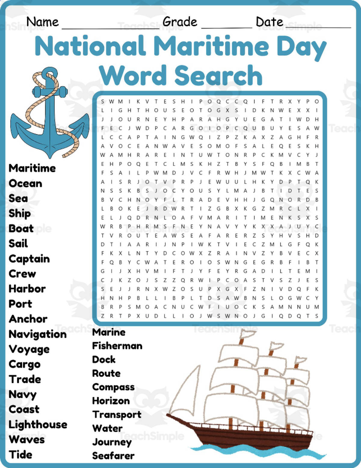 An educational teaching resource from Classsimple entitled National Maritime Day Word Search 2nd 3rd 4th 5th Grade Worksheet downloadable at Teach Simple.