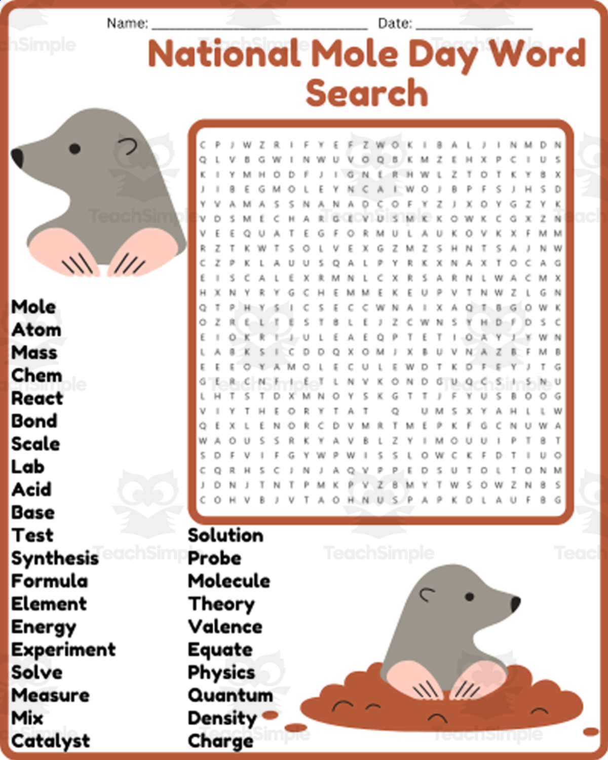 An educational teaching resource from space shope entitled National Mole Day Word Search Puzzle Worksheet Activities downloadable at Teach Simple.