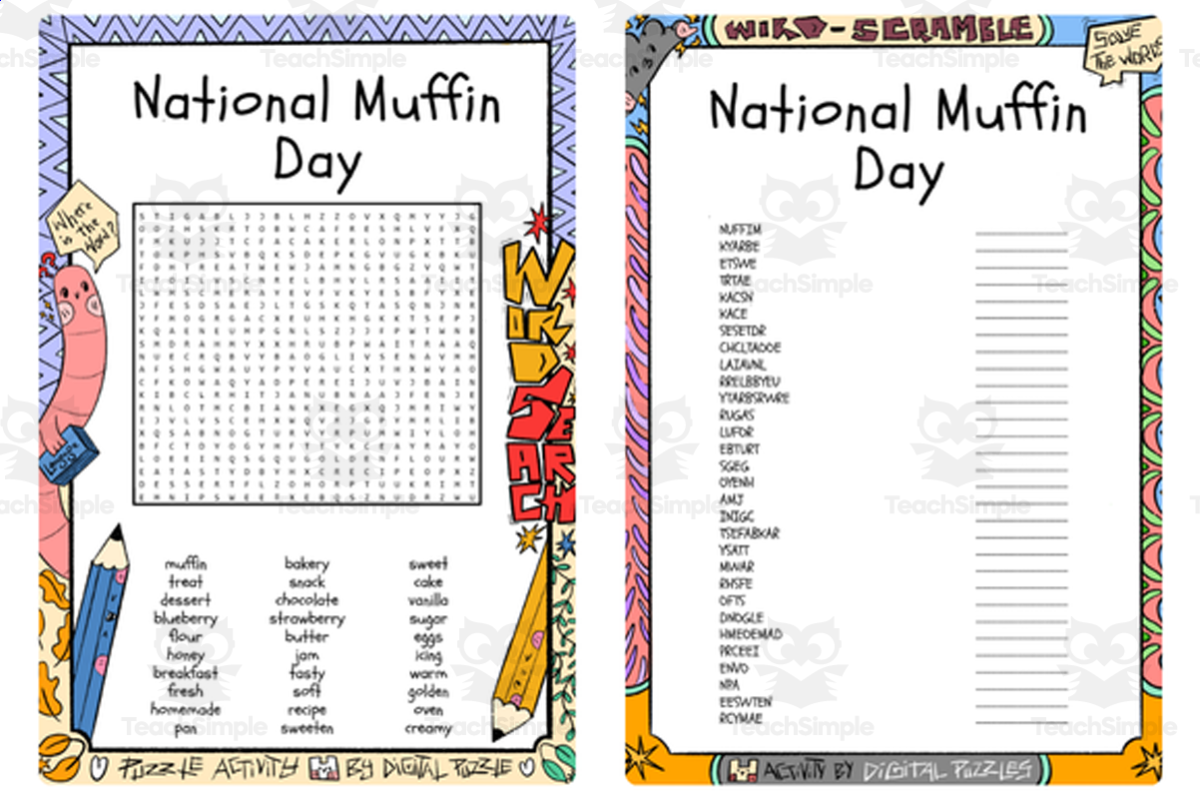 An educational teaching resource from Lapiiin Art Activities entitled National Muffin Day word search & scramble downloadable at Teach Simple.