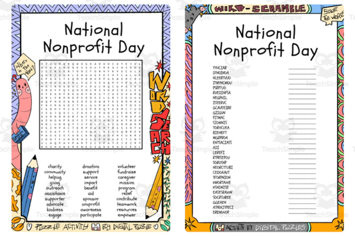 An educational teaching resource from Lapiiin Art Activities entitled National Nonprofit Day word search & scramble downloadable at Teach Simple.
