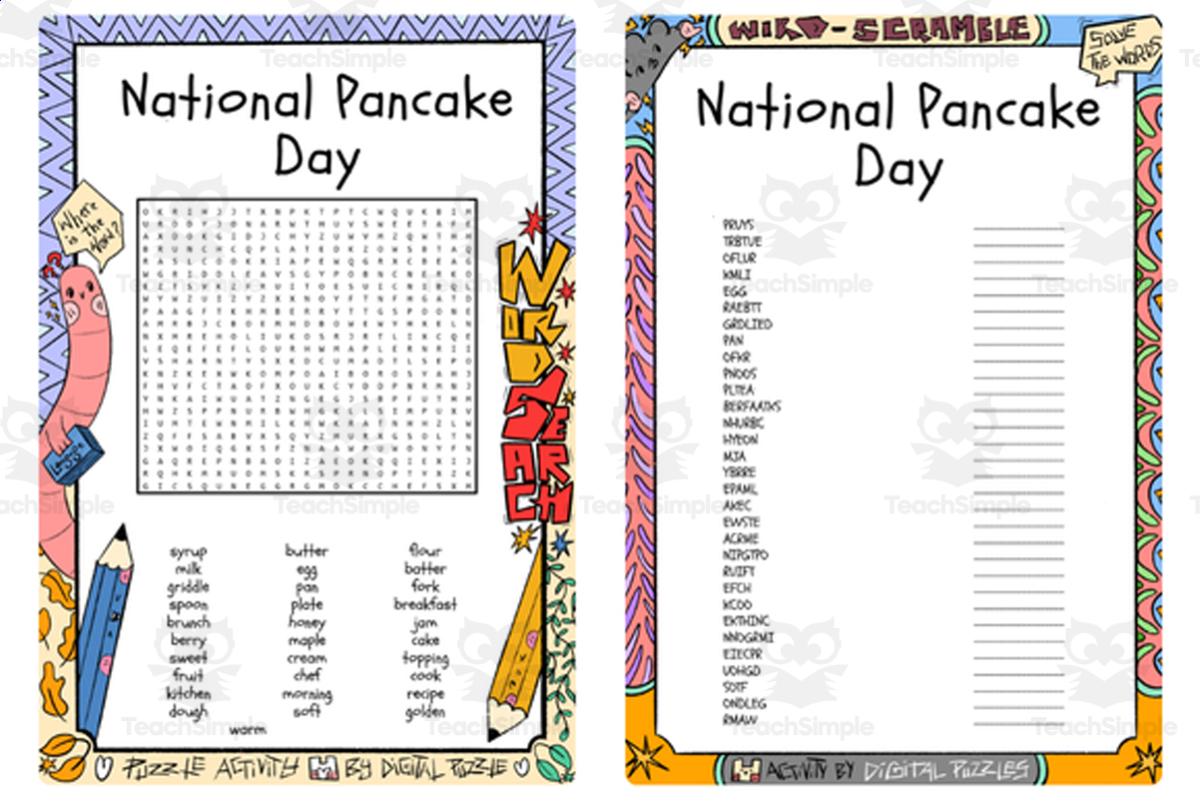 An educational teaching resource from Lapiiin Art Activities entitled National Pancake Day word search & scramble downloadable at Teach Simple.