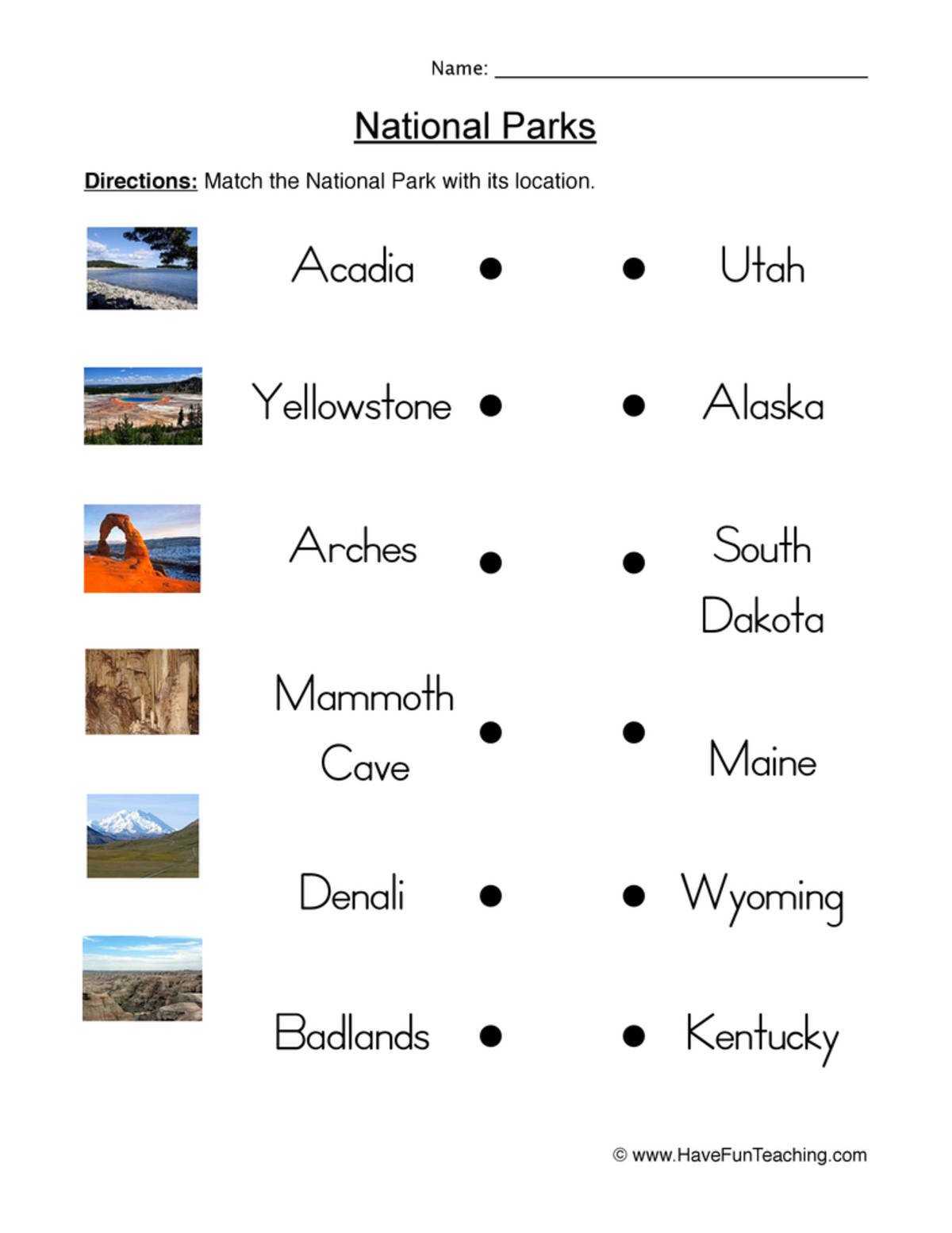 An educational teaching resource from Have Fun Teaching entitled National Parks Matching Worksheet downloadable at Teach Simple.