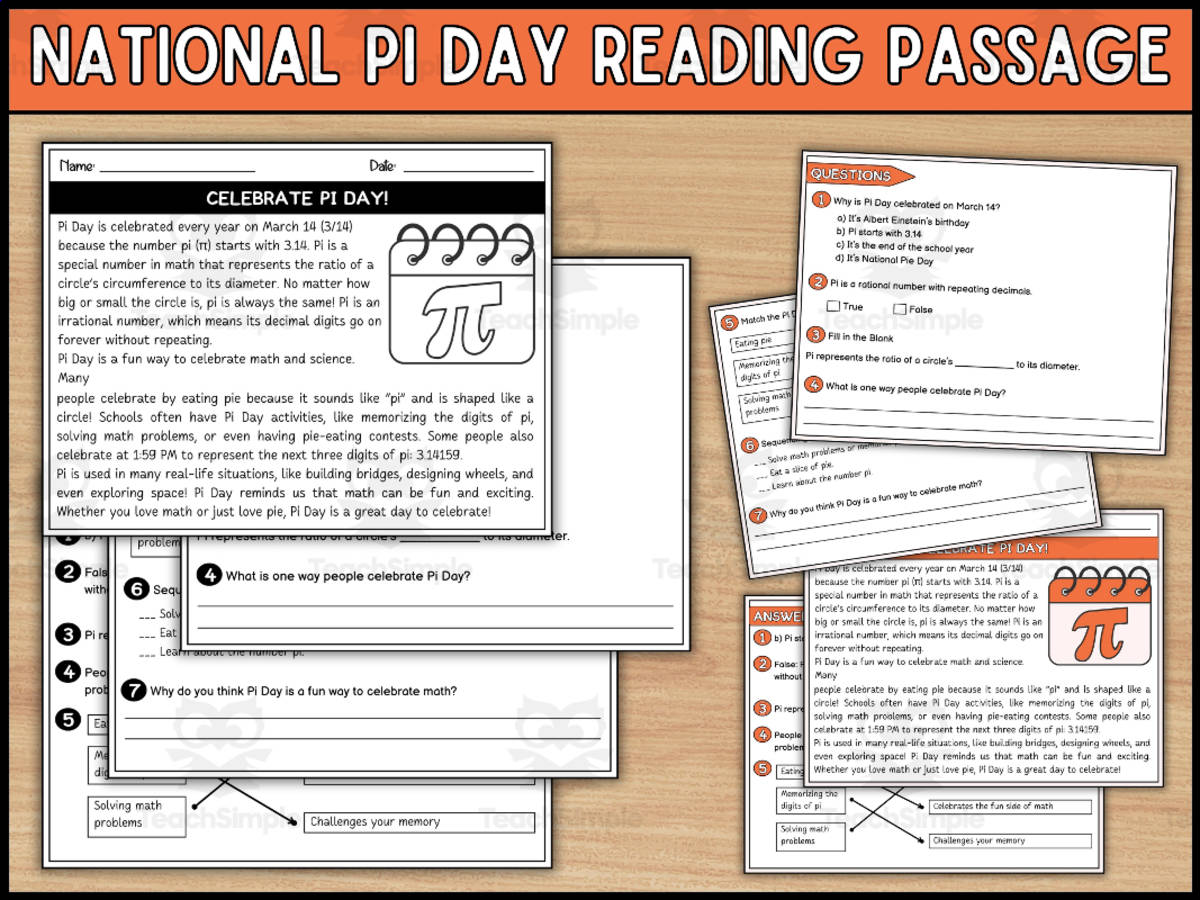 An educational teaching resource from Wonderland School entitled National Pi Day Reading Comprehension Passage and Questions downloadable at Teach Simple.