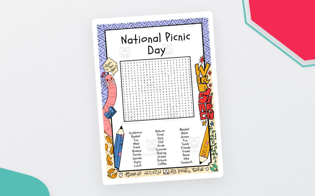 An educational teaching resource from Lapiiin Art Activities entitled National Picnic Day word search puzzle worksheet activity downloadable at Teach Simple.