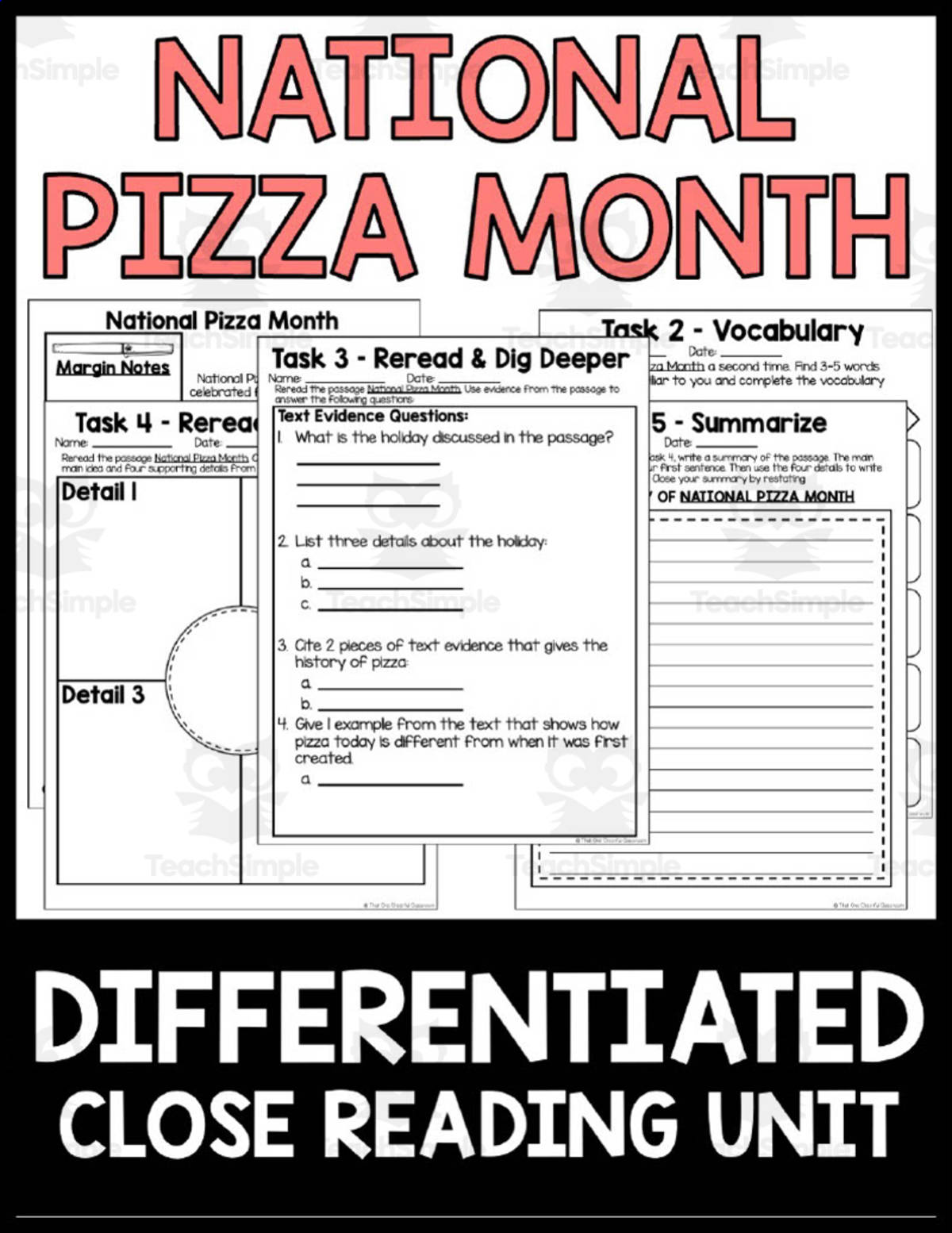 An educational teaching resource from That One Cheerful Classroom entitled National Pizza Month Close Reading downloadable at Teach Simple.