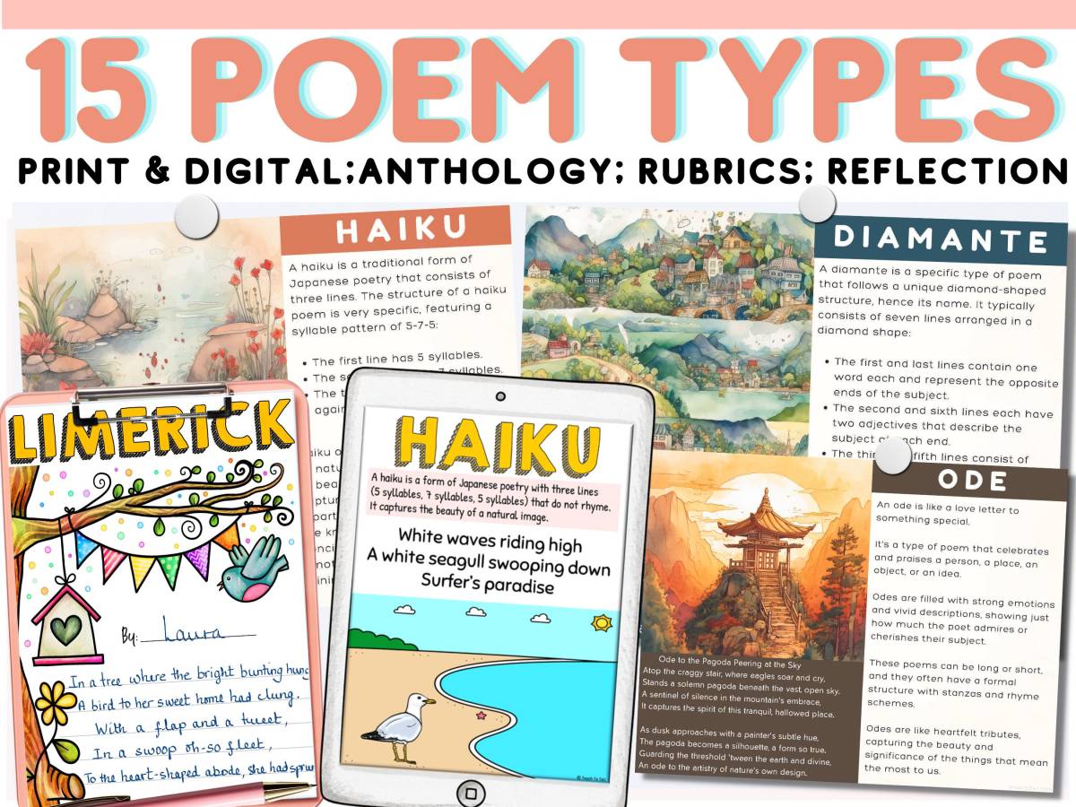 An educational teaching resource from Teach2Tell entitled Types of Poems Anchor Charts – 15 Templates Set downloadable at Teach Simple.