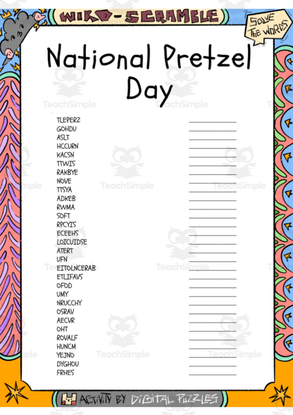 An educational teaching resource from Lapiiin Art Activities entitled National Pretzel Day word Scramble puzzle worksheet downloadable at Teach Simple.