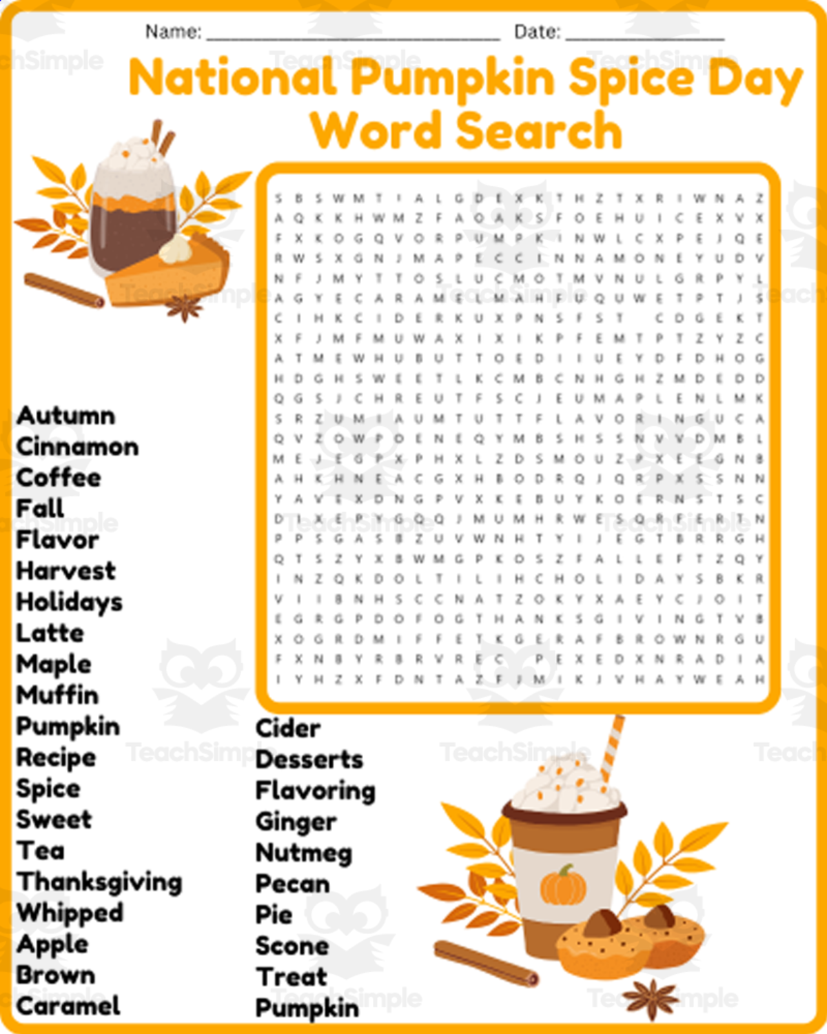 An educational teaching resource from space shope entitled National Pumpkin Spice Day Word Search Puzzle Worksheet Activities downloadable at Teach Simple.