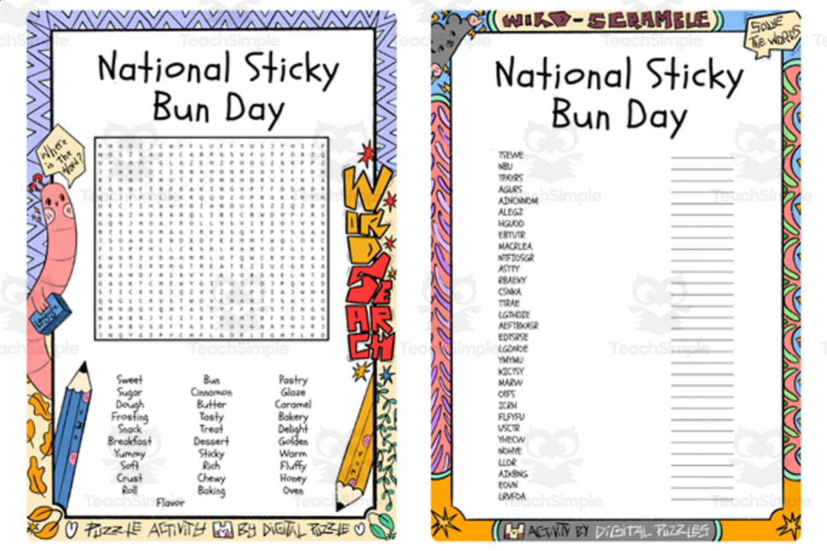 An educational teaching resource from Lapiiin Art Activities entitled National Sticky Bun Day word search & scramble downloadable at Teach Simple.
