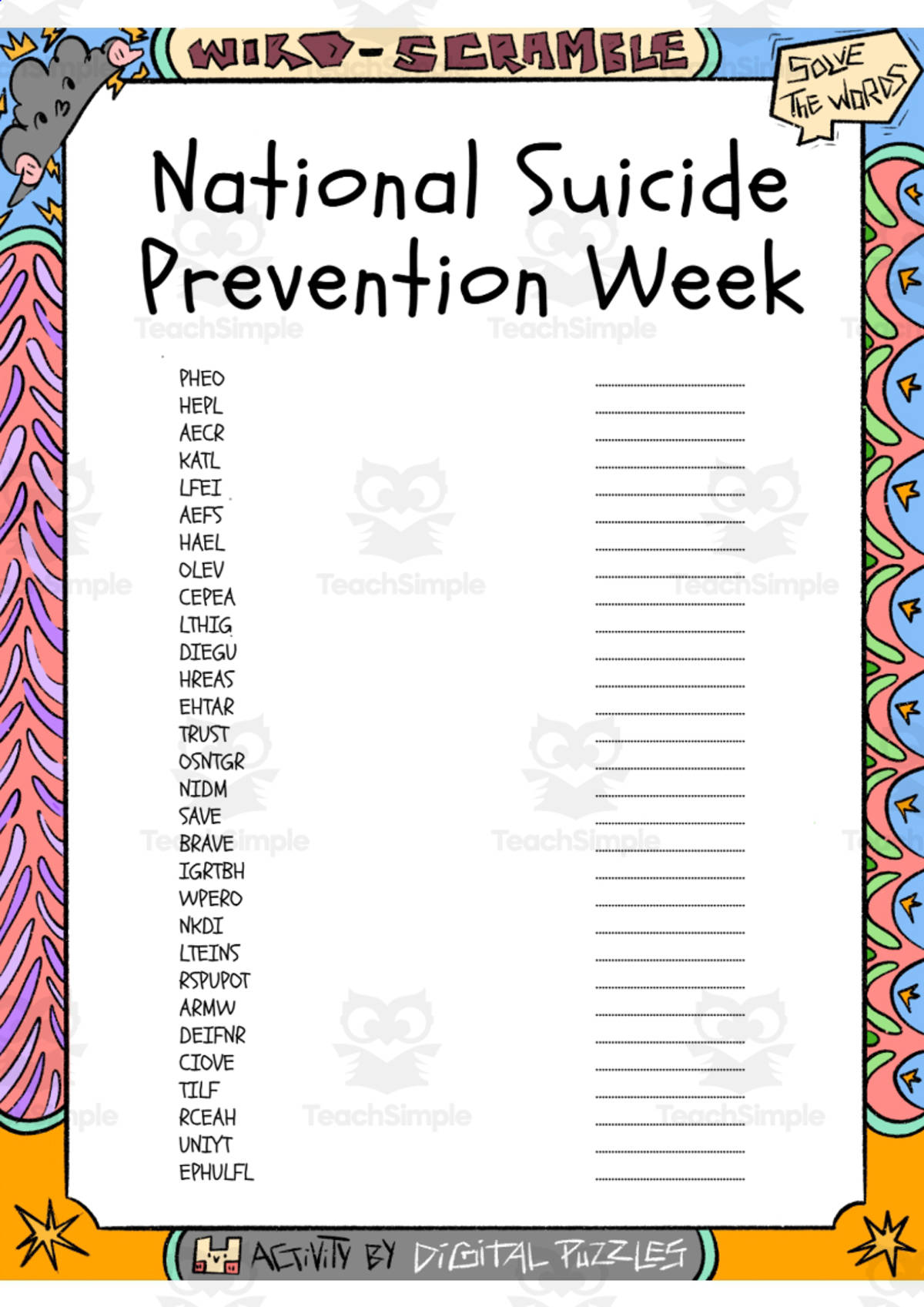 An educational teaching resource from Lapiiin Art Activities entitled National Suicide Prevention Week word Scramble puzzle worksheet downloadable at Teach Simple.