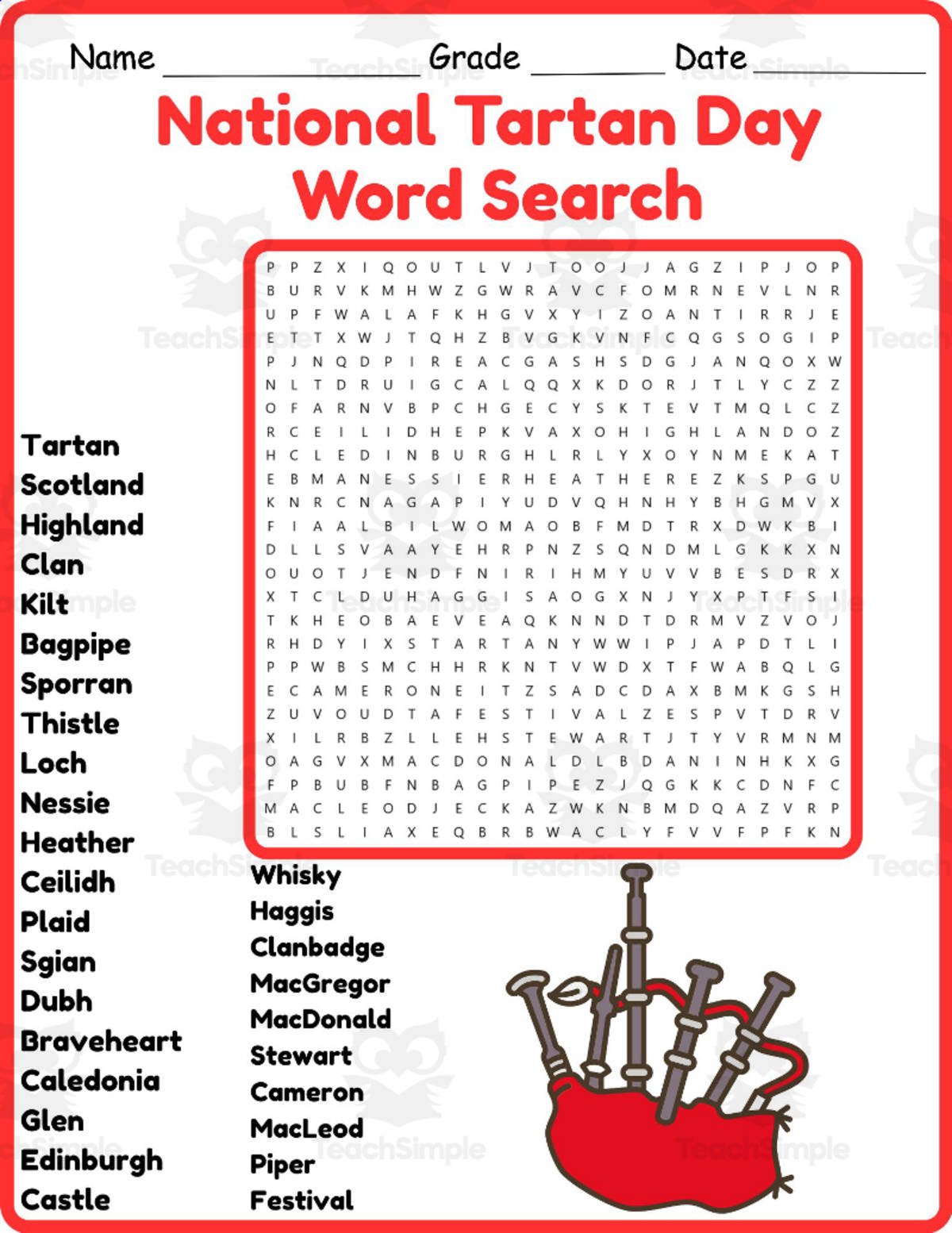 An educational teaching resource from Classsimple entitled National Tartan Day Word Search 2nd 3rd 4th 5th Grade Worksheet downloadable at Teach Simple.