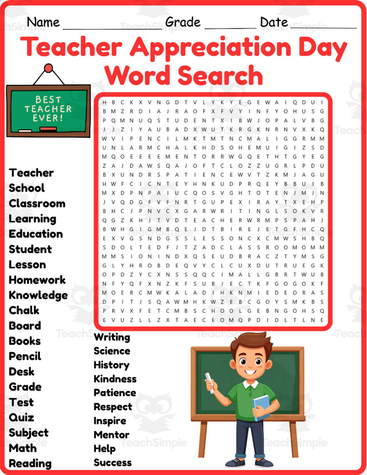 An educational teaching resource from Classsimple entitled National Teacher Appreciation Day Word Search 2nd 3rd 4th 5th Grade downloadable at Teach Simple.