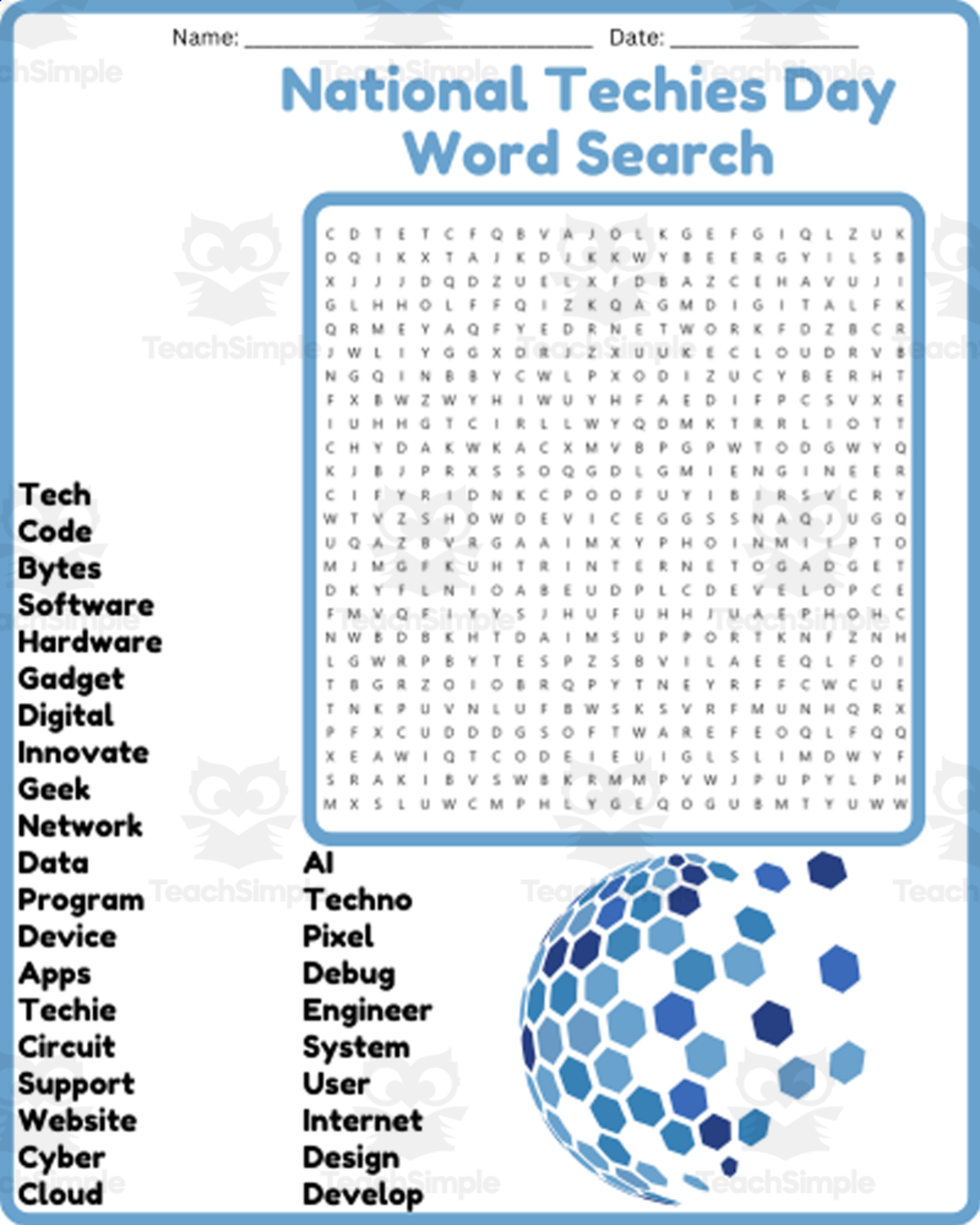 An educational teaching resource from space shope entitled National Techies Day Word Search Puzzle Worksheet Activities (1st, 2nd downloadable at Teach Simple.
