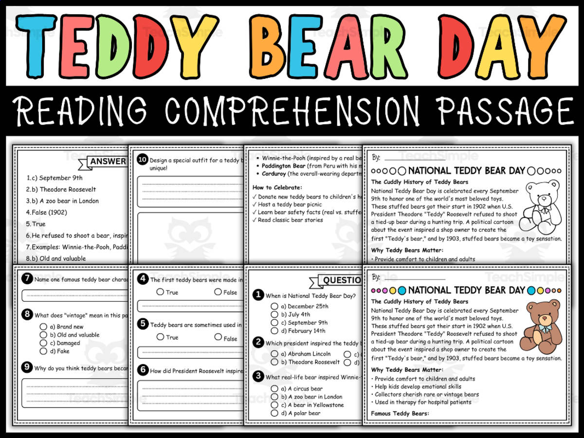 An educational teaching resource from Wonderland School entitled National Teddy Bear Day Reading Comprehension Passage & Questions downloadable at Teach Simple.