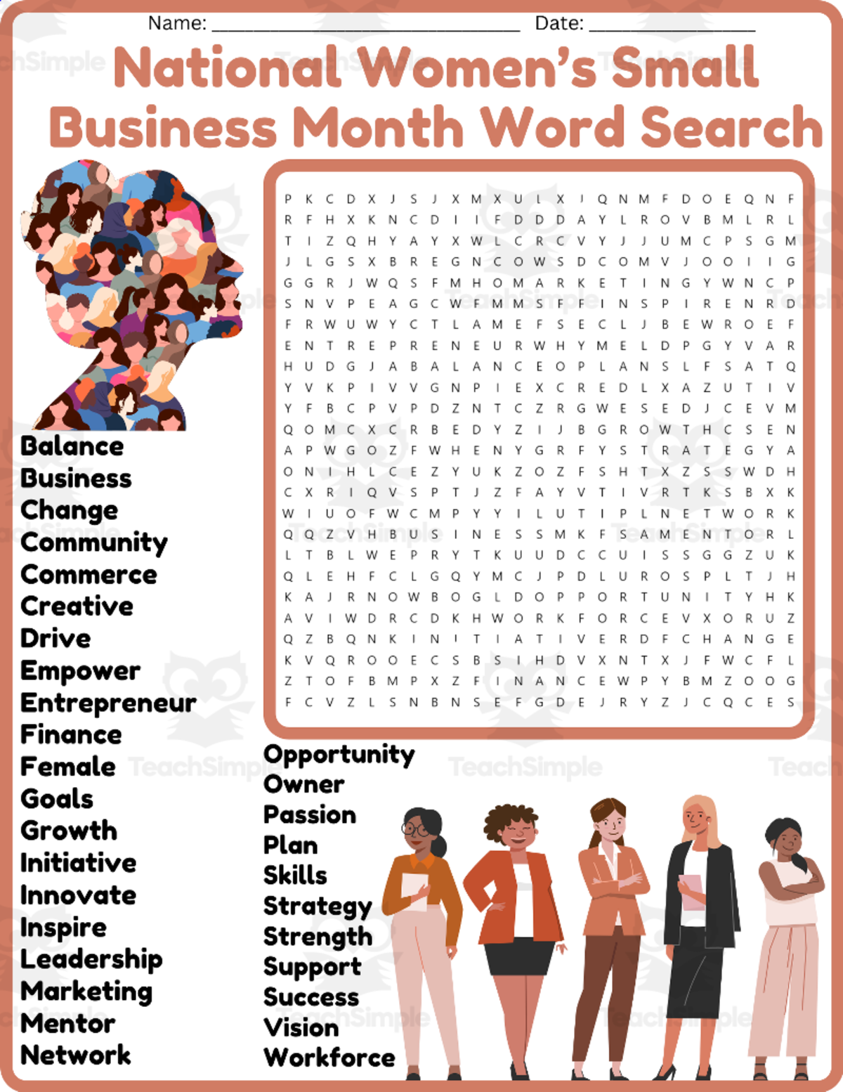 An educational teaching resource from space shope entitled National Women’s Small Business Month Word Search Puzzle Worksheet downloadable at Teach Simple.