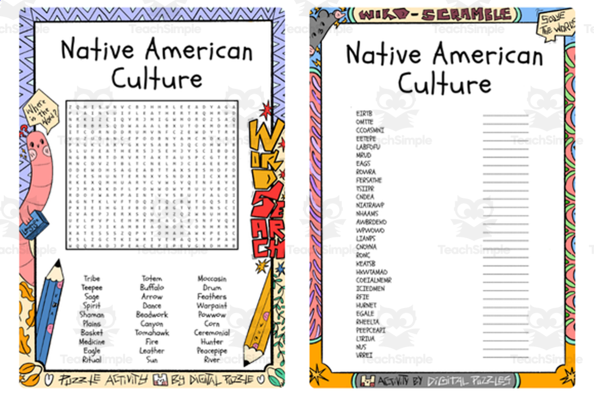 An educational teaching resource from Lapiiin Art Activities entitled Native American Culture word search & scramble downloadable at Teach Simple.