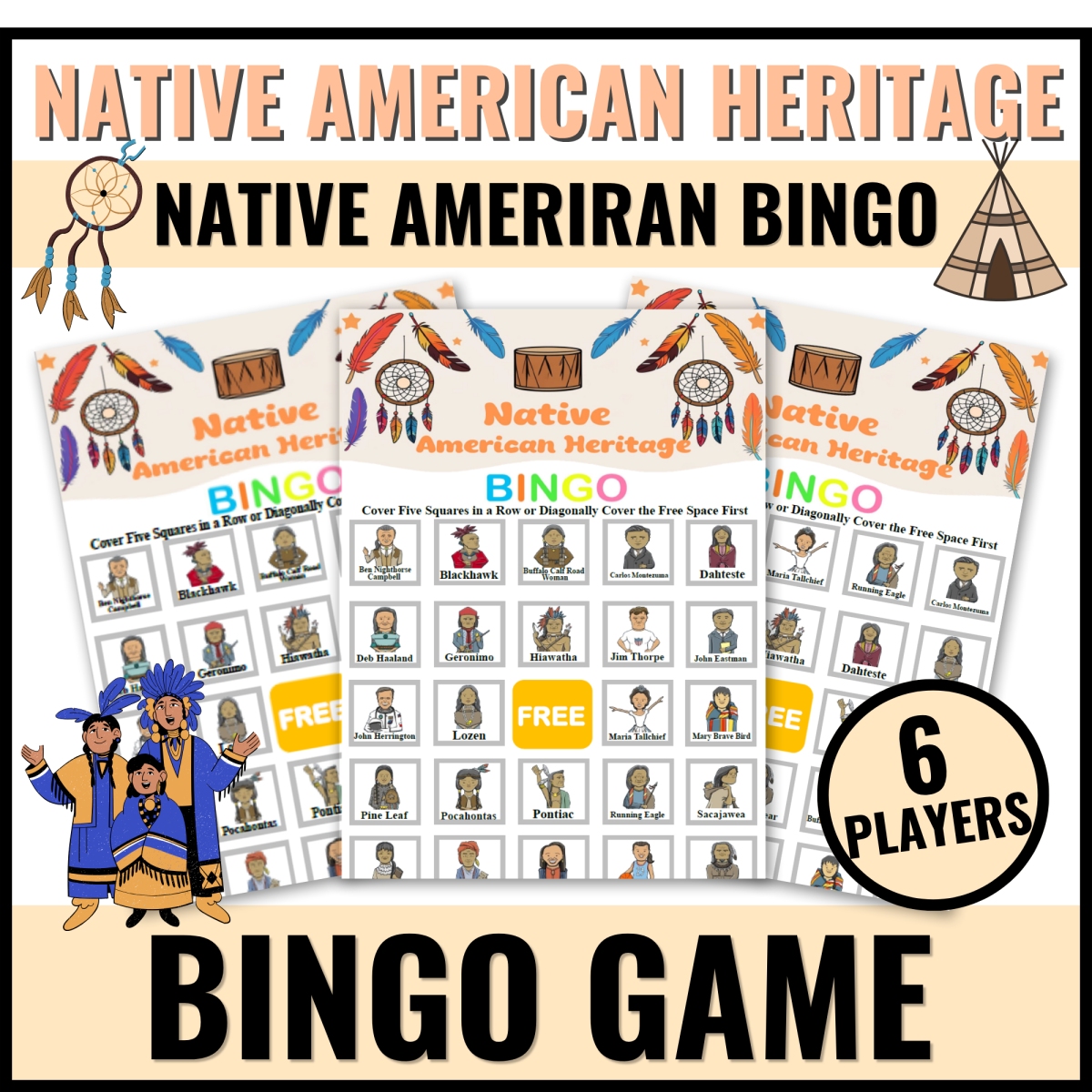 An educational teaching resource from Bambolina55 entitled Native American Heritage Month Bingo Game for Kindergarten - 8th downloadable at Teach Simple.