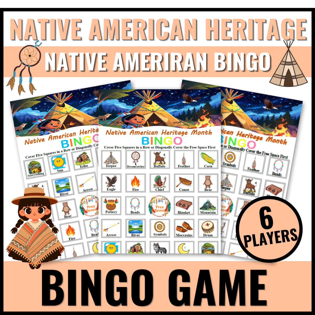 An educational teaching resource from Bambolina55 entitled Native American Heritage Month Bingo Game for Pre-K, Kindergarten - 3r downloadable at Teach Simple.