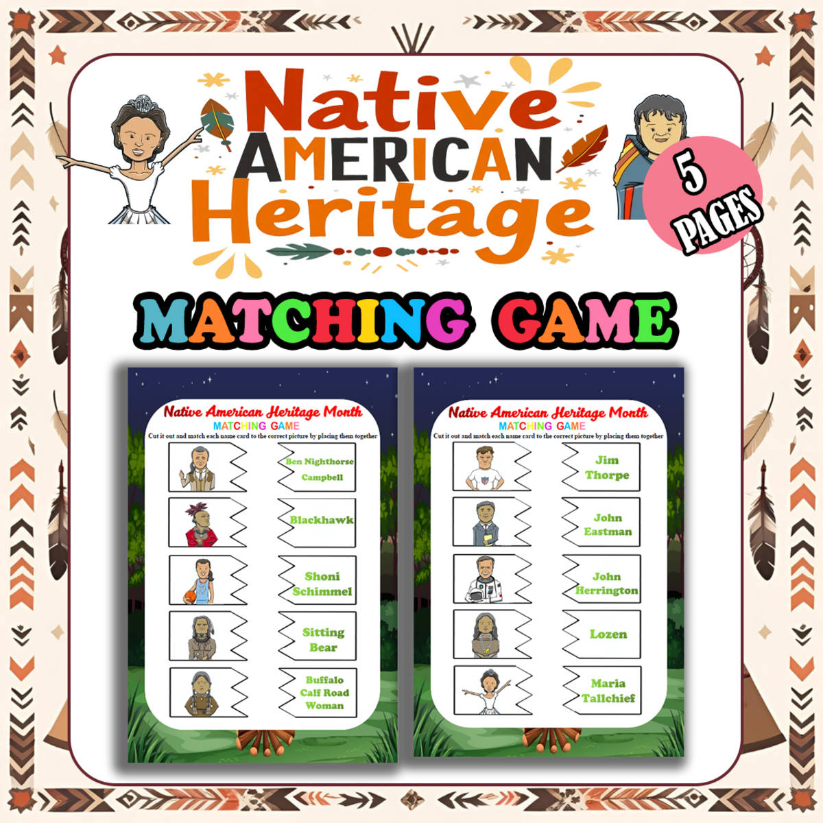 An educational teaching resource from Bambolina55 entitled Native American Heritage Month Matching Game for Kindergarten - 4th downloadable at Teach Simple.