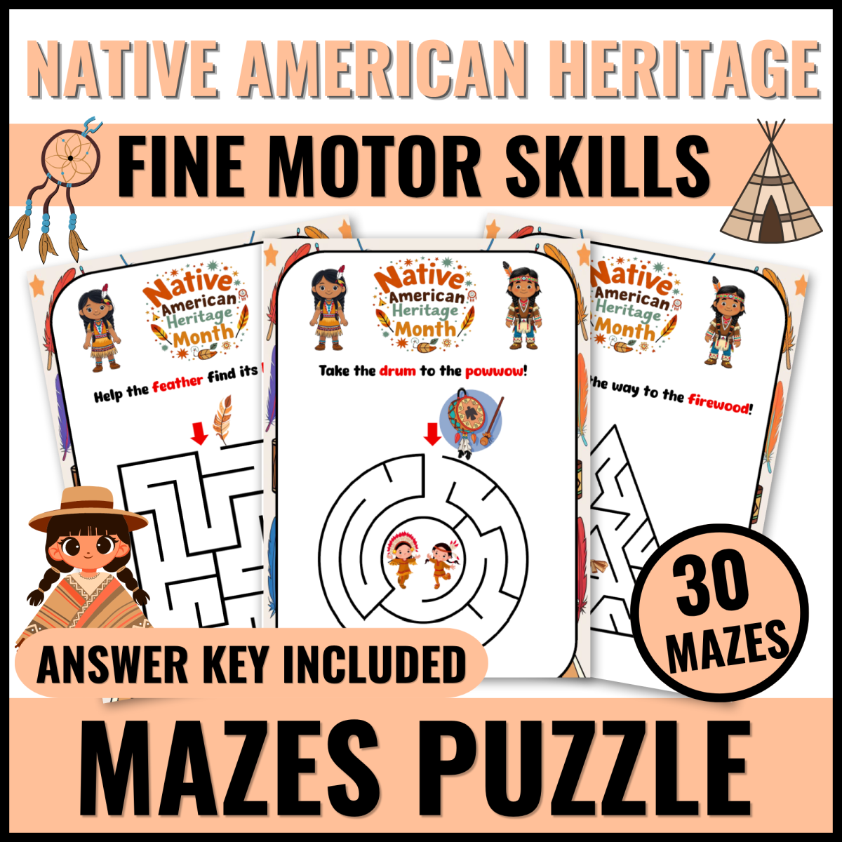 An educational teaching resource from Bambolina55 entitled Native American Heritage Month Mazes for Preschool and Kindergarten Fu downloadable at Teach Simple.