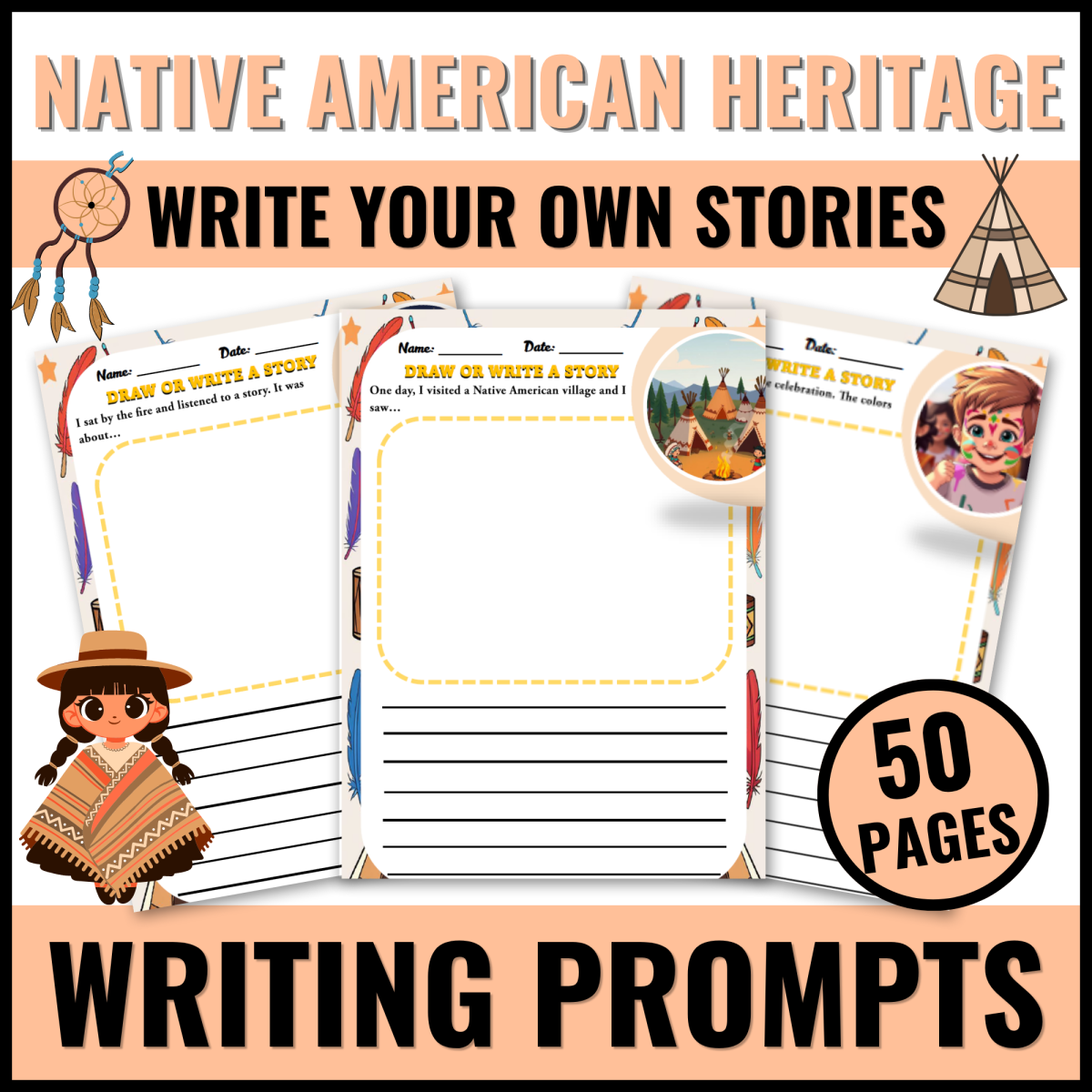 An educational teaching resource from Bambolina55 entitled Native American Heritage Month Writing Prompts Story Starters downloadable at Teach Simple.