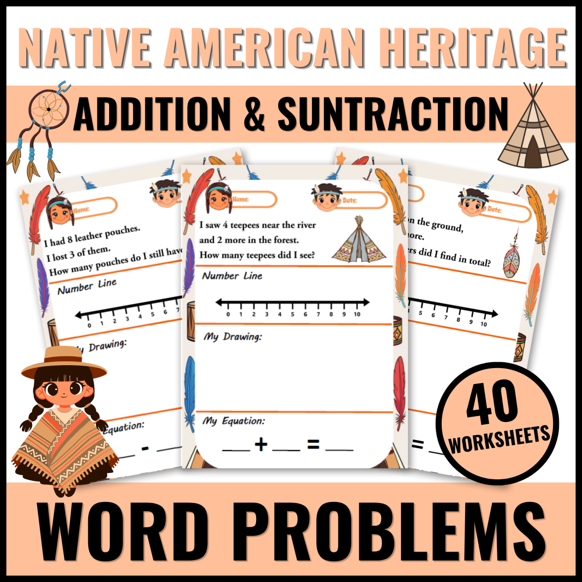 An educational teaching resource from Bambolina55 entitled Native American Heritage Word Problems Kindergarten Addition And Subtr downloadable at Teach Simple.