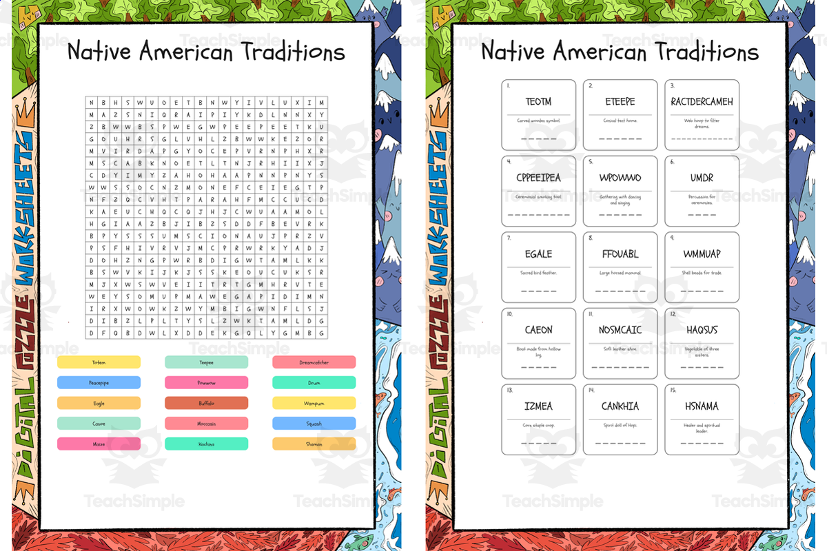An educational teaching resource from Lapiiin Art Activities entitled Native American Traditions word search, scramble and crossword puzzle downloadable at Teach Simple.