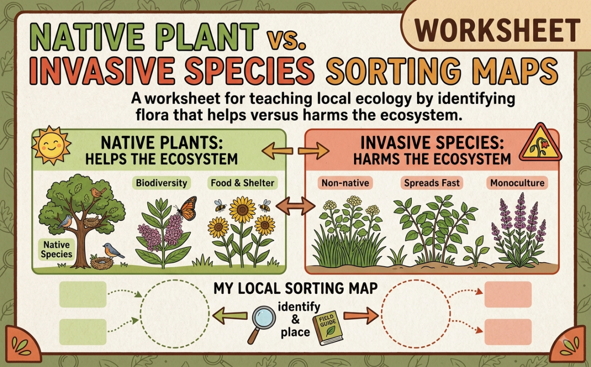 An educational teaching resource from Creative Book Store entitled Native Plant Vs. Invasive Species Sorting Maps downloadable at Teach Simple.