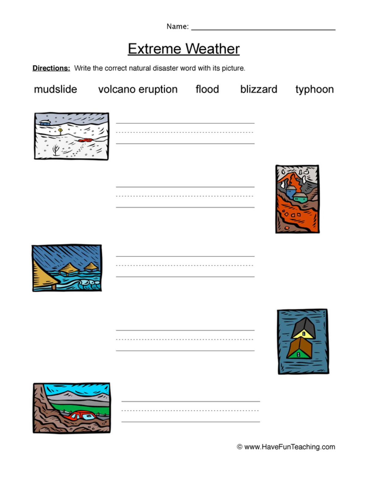 An educational teaching resource from Have Fun Teaching entitled Natural Disasters Matching Worksheet downloadable at Teach Simple.