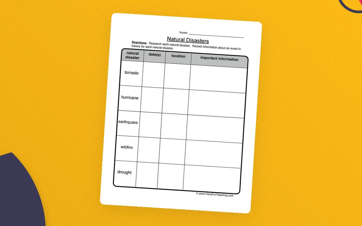 An educational teaching resource from Have Fun Teaching entitled Natural Disasters Research Worksheet downloadable at Teach Simple.