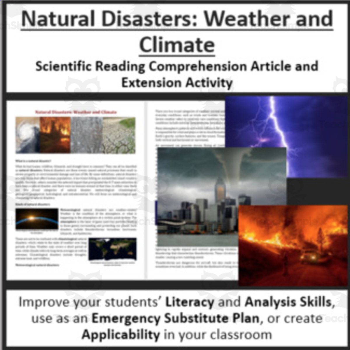 An educational teaching resource from Teach With Fergy entitled Natural Disasters: Weather and Climate Reading Article - Grade 8 and Up downloadable at Teach Simple.