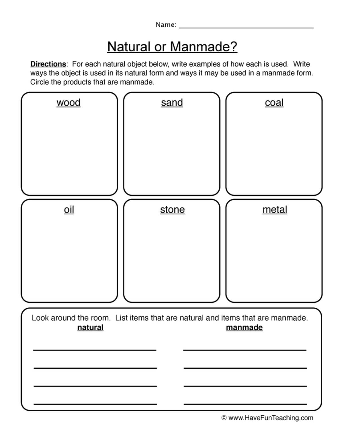An educational teaching resource from Have Fun Teaching entitled Natural Man-Made Writing Worksheet downloadable at Teach Simple.