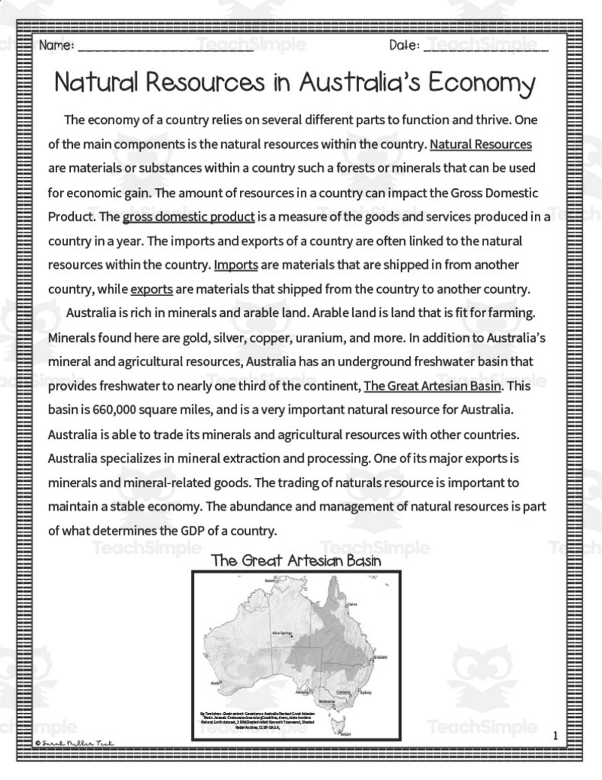An educational teaching resource from Sarah Miller Tech entitled Natural Resources in Australia Reading Packet downloadable at Teach Simple.