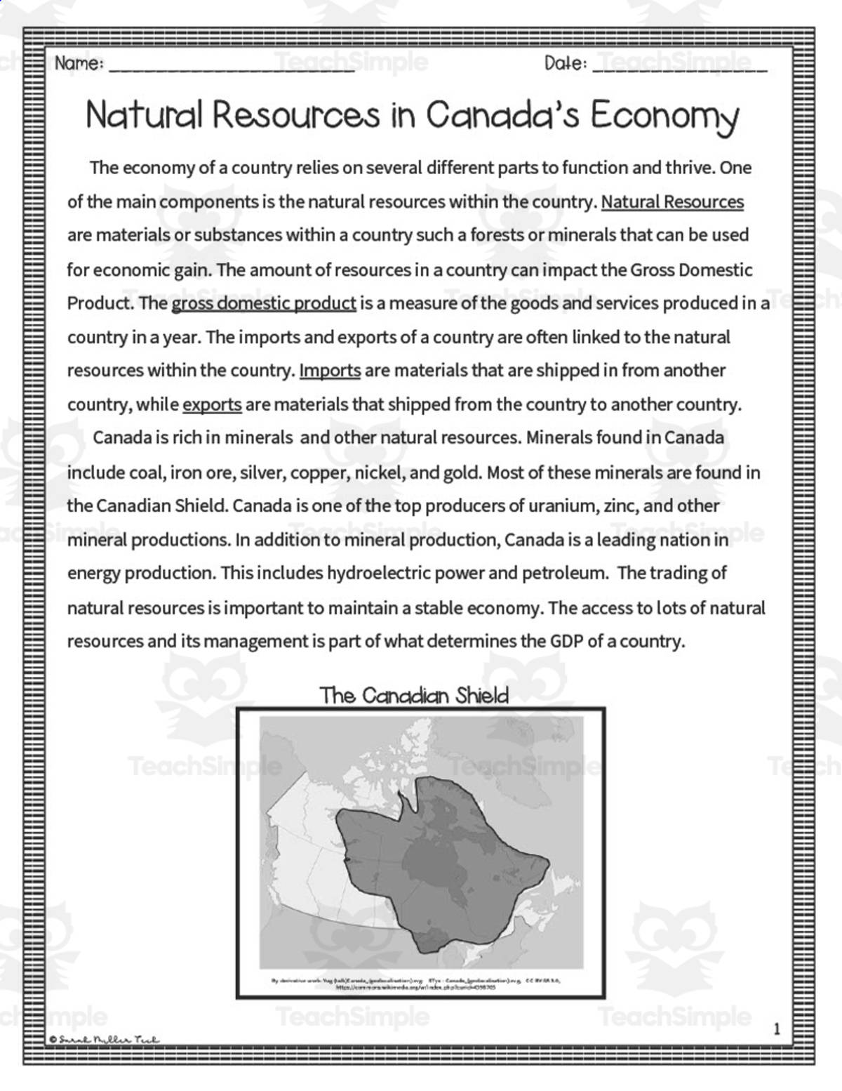 An educational teaching resource from Sarah Miller Tech entitled Natural Resources in Canada's Economy Reading Packet downloadable at Teach Simple.