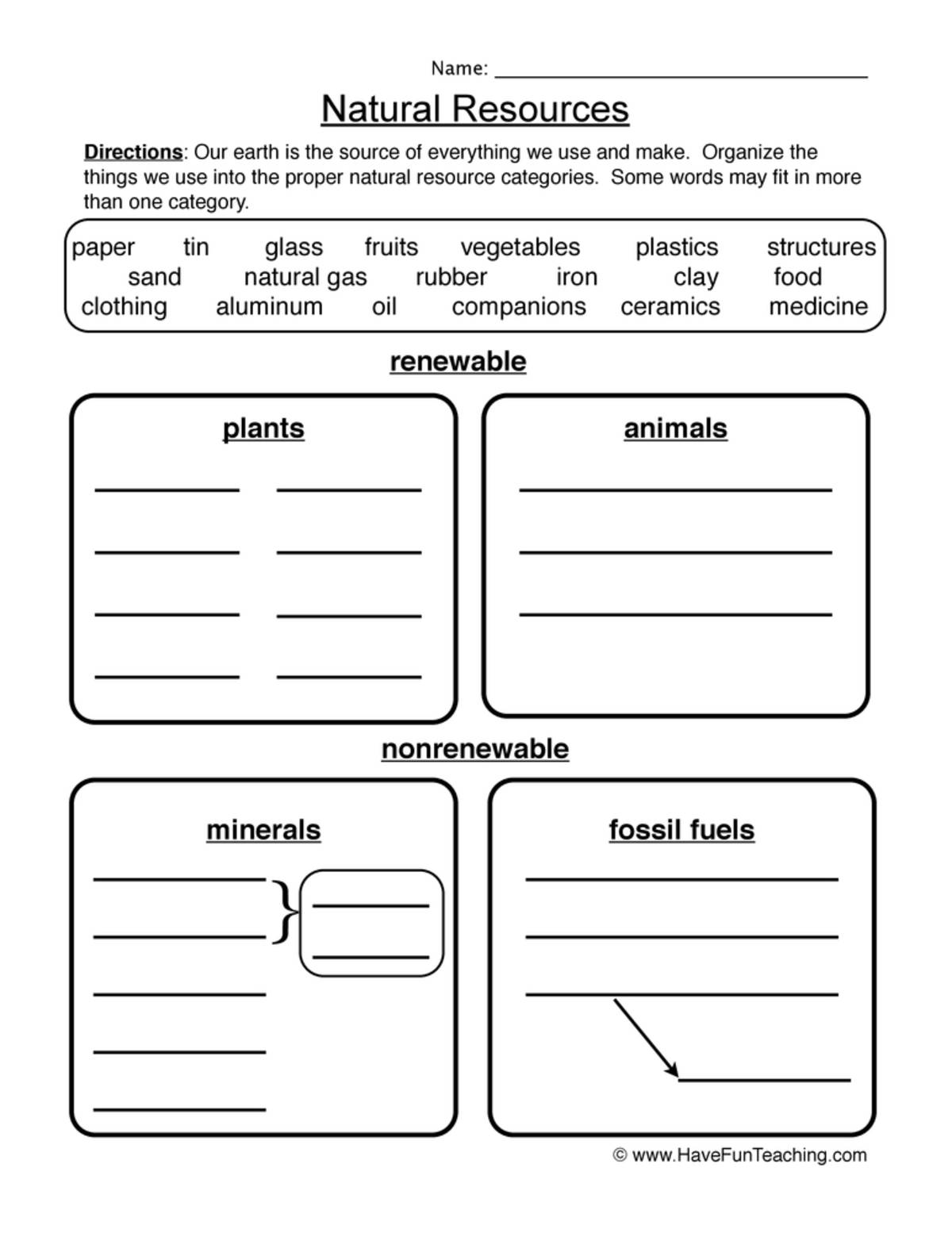 An educational teaching resource from Have Fun Teaching entitled Natural Resources Sorting Worksheet downloadable at Teach Simple.