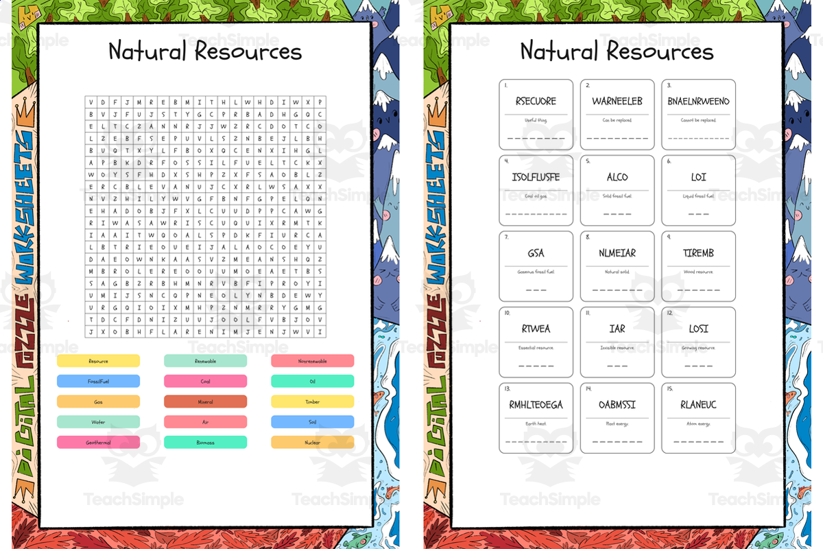An educational teaching resource from Lapiiin Art Activities entitled Natural Resources word search, scramble and crossword puzzle downloadable at Teach Simple.