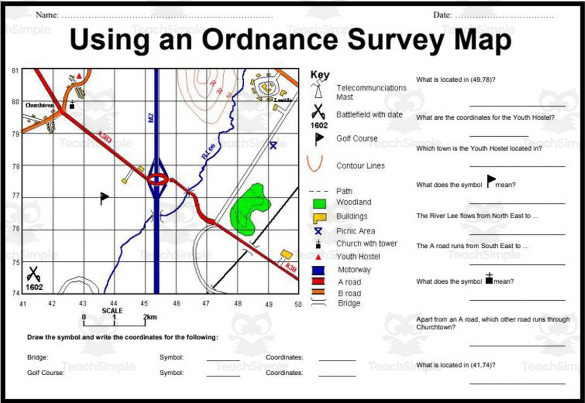 An educational teaching resource from Elementary Resources 4 U entitled Navigating Ordnance Survey Maps: A Comprehensive Worksheet downloadable at Teach Simple.