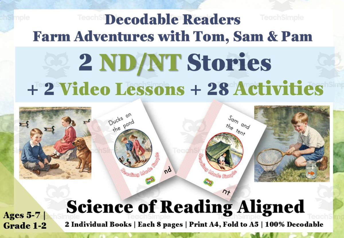 An educational teaching resource from Lilibette's Resources entitled ND/NT: 2 Decodable Reading Books + 2 Video Lessons + 28 Worksheets SOR downloadable at Teach Simple.