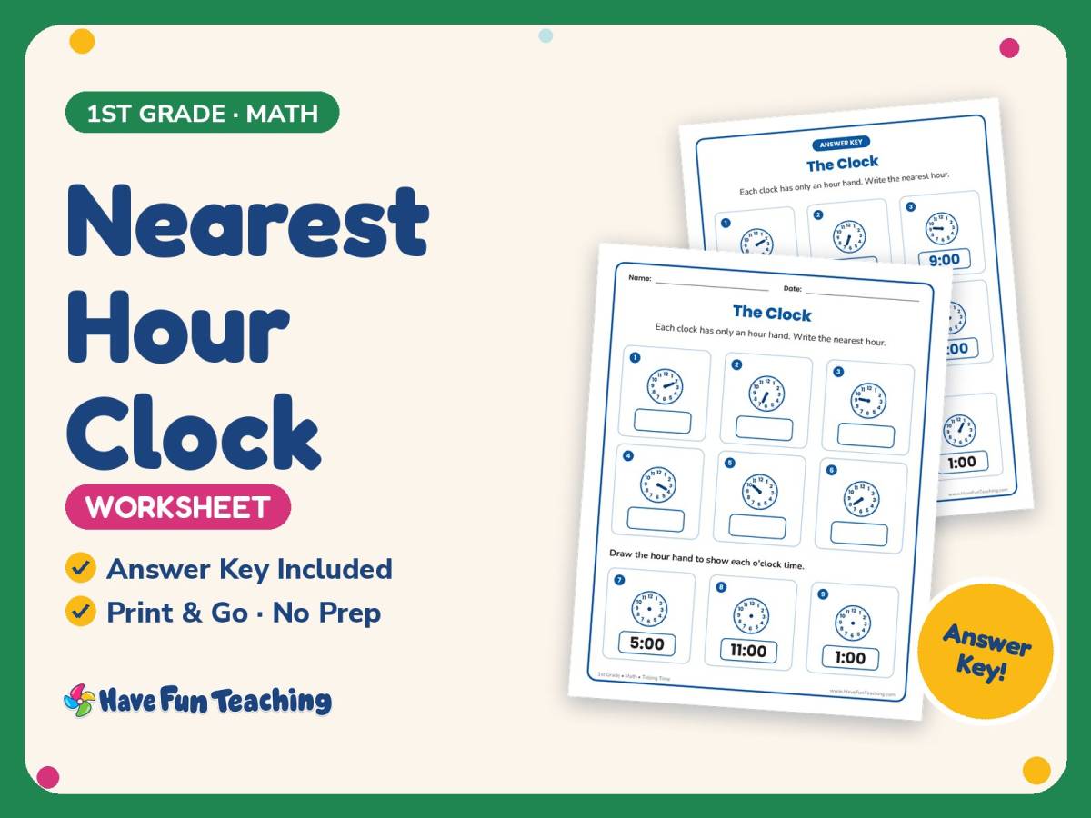 Nearest Hour Clock Worksheet – 1st Grade Telling Time Practice preview