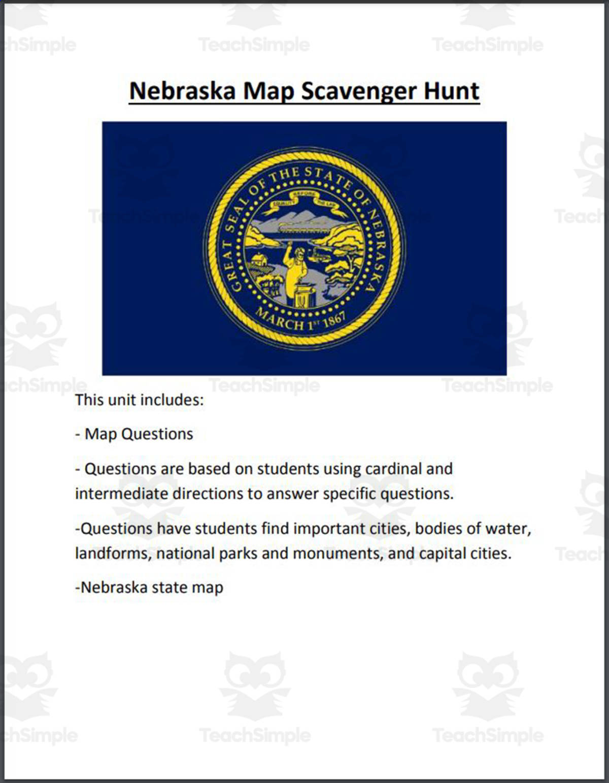 An educational teaching resource from Mr. Matthews Teacher Store entitled Nebraska Map Scavenger Hunt downloadable at Teach Simple.
