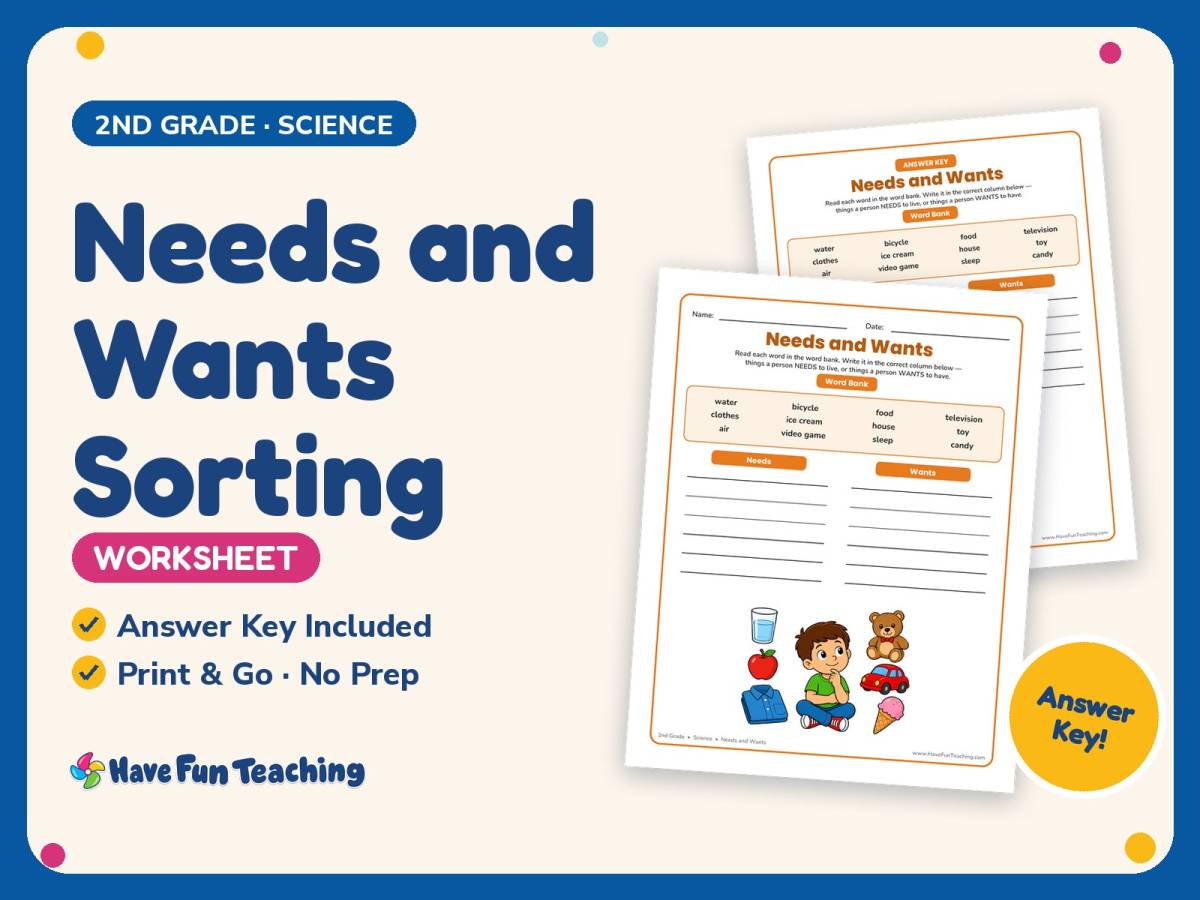 Needs and Wants Sorting Worksheet – 2nd Grade Environments & Resources preview