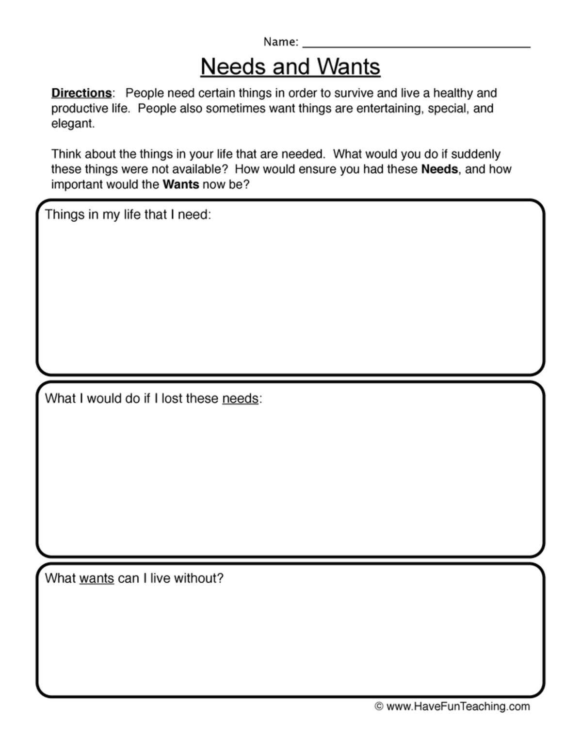 An educational teaching resource from Have Fun Teaching entitled Needs and Wants Worksheet downloadable at Teach Simple.