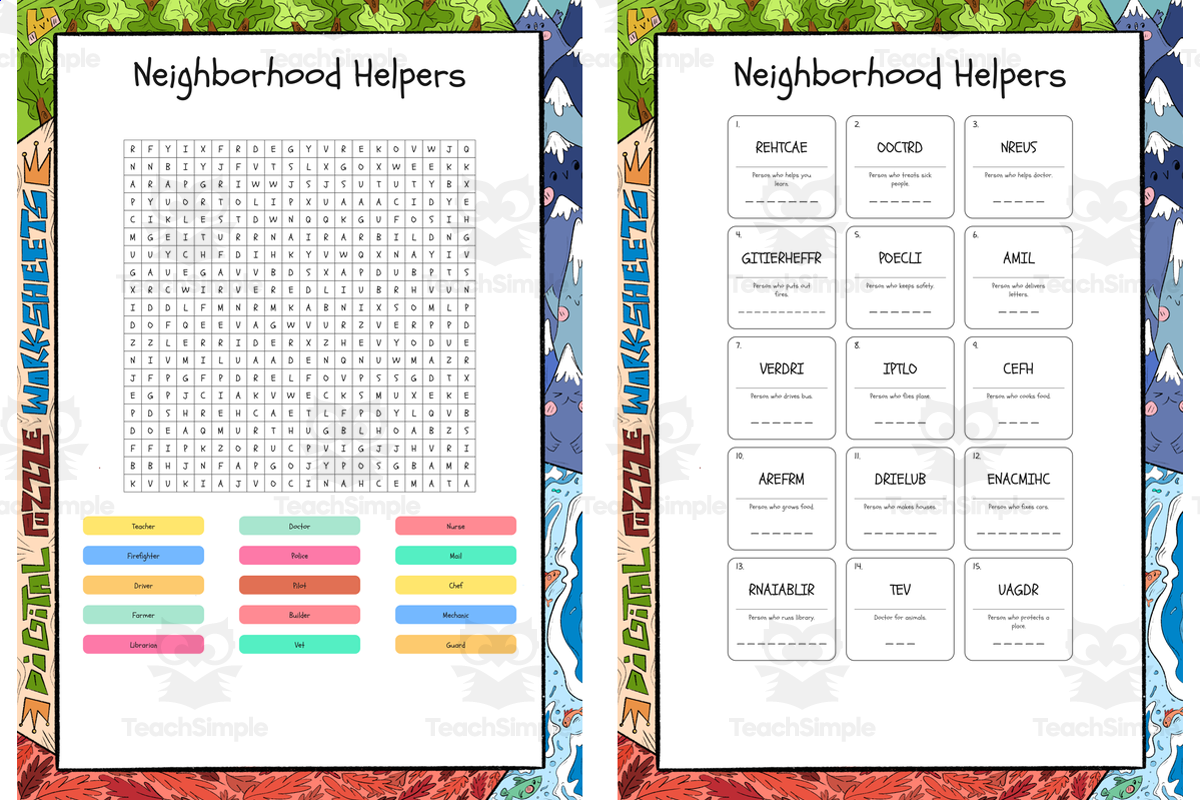 An educational teaching resource from Lapiiin Art Activities entitled Neighborhood Helpers word search, scramble and crossword puzzle downloadable at Teach Simple.