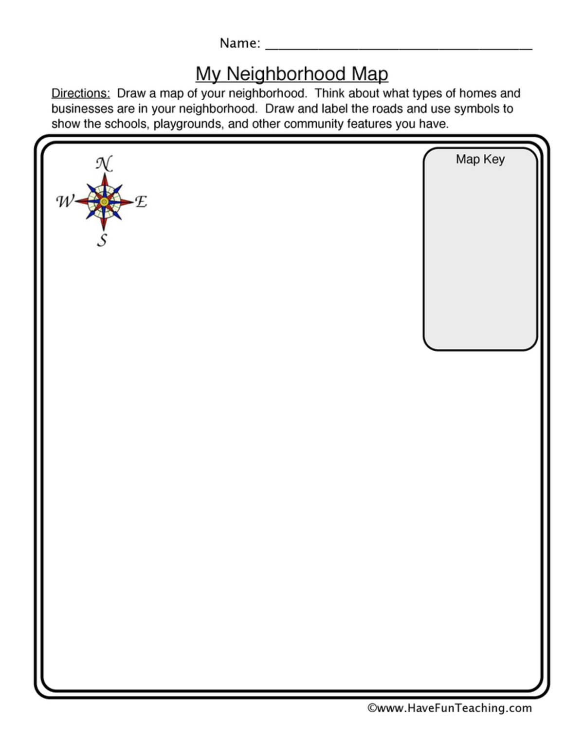 An educational teaching resource from Have Fun Teaching entitled Neighborhood Map Worksheet downloadable at Teach Simple.