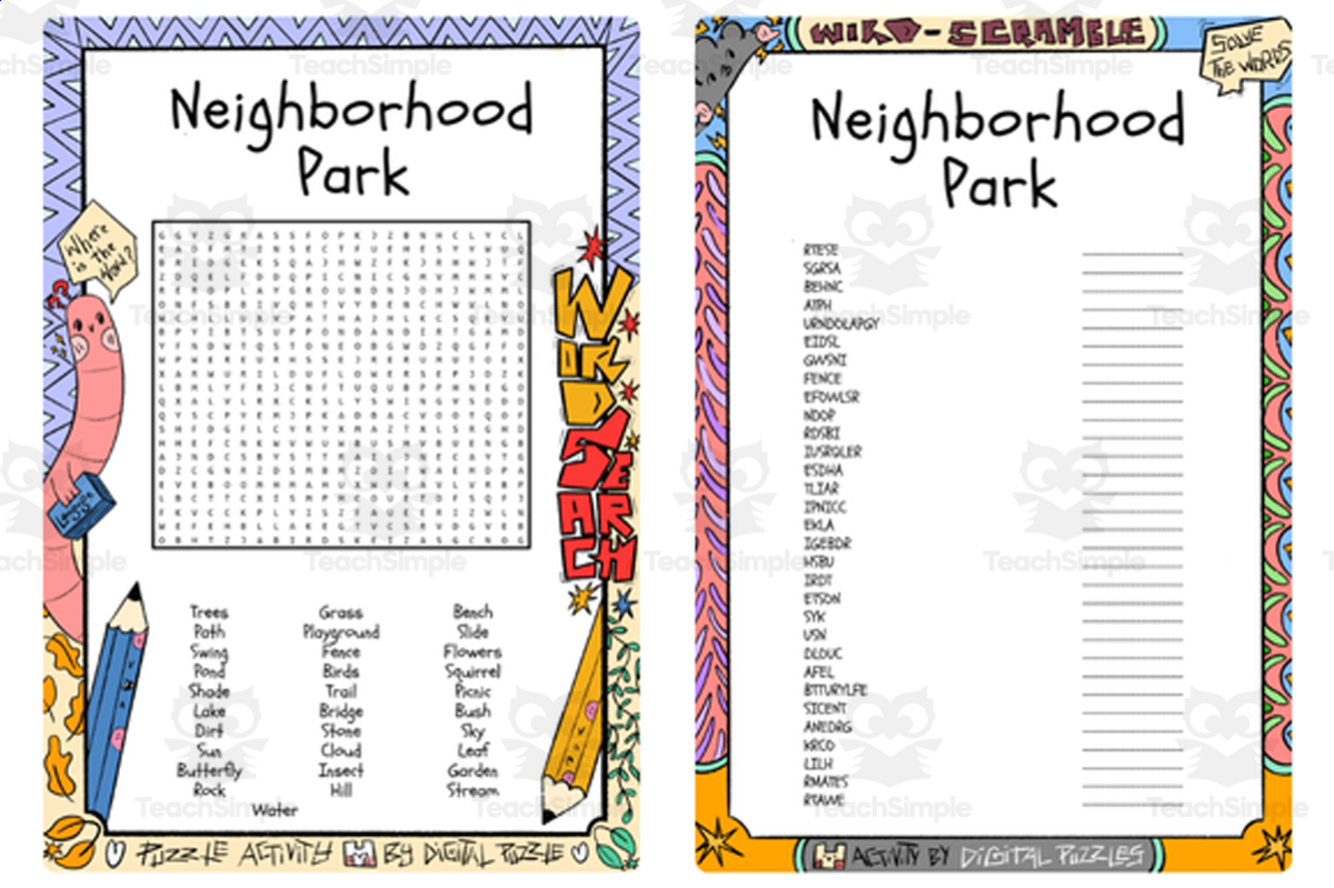 An educational teaching resource from Lapiiin Art Activities entitled Neighborhood Park word search & scramble downloadable at Teach Simple.