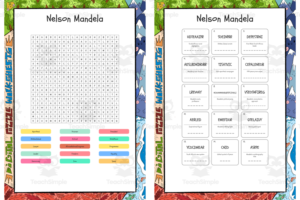 An educational teaching resource from Lapiiin Art Activities entitled Nelson Mandela word search, scramble and crossword puzzle downloadable at Teach Simple.